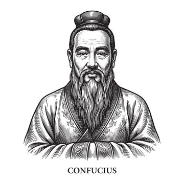 Confucius Portrait Illustration, Vintage Hand-Drawn Chinese Philosopher Engraving