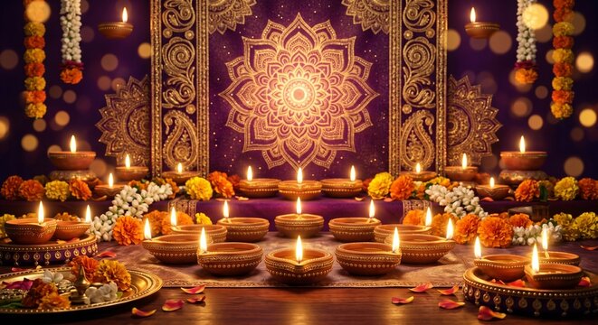 Luxury Indian Deepavali festival background with traditional oil lamps glowing and decorative floral mandala patterns
전통 오일 램프의 따뜻한 불빛과 화려한 꽃 만다라 장식이 어우러진 고급스러운 인도 디파발리 축제 배경