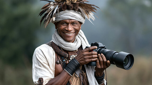 Smiling Photographer in Traditional Attire A man of apparent indigenous descent, adorned with feathers and a headdress, holds a professional camera, smiling warmly at the viewer.