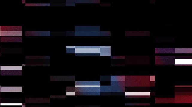 Dynamic digital glitch effect featuring colorful RGB signal distortion, fragmented data blocks, and electronic interference patterns. Ideal for cyberpunk visuals, technology backgrounds, broadcast err