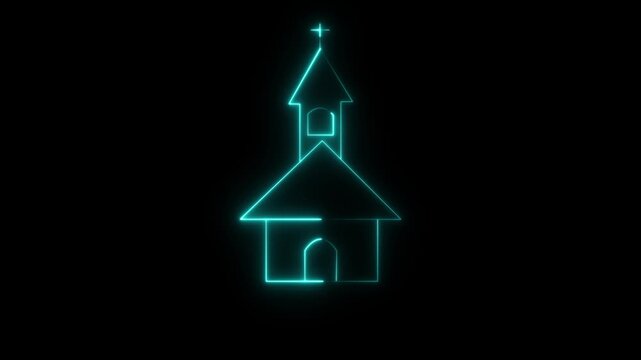 Glowing Neon Church Icon Animation sky blue Cross and Gothic Architecture Elements on Black Background | 4K Video