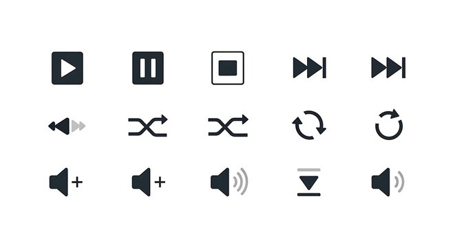 Black and white media player control buttons on a clean white background for interface design
