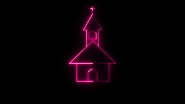 Glowing Neon Church Icon Animation red Cross and Gothic Architecture Elements on Black Background | 4K Video