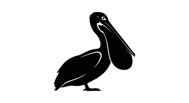 Black pelican silhouette with a large beak standing on a white background, facing right.