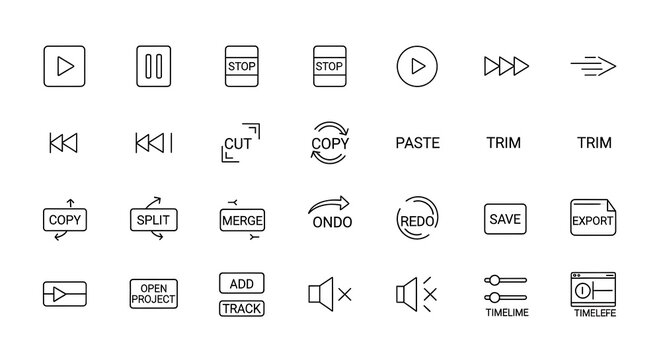 Video editing icons for play, pause, stop, and other functions on a white background illustration
