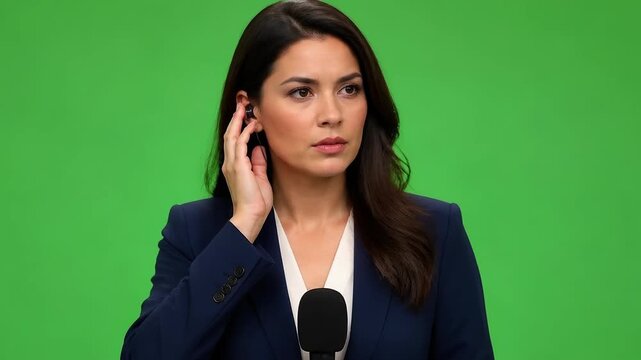 News Anchor Adjusts Earpiece With Microphone, Focused On Broadcast Studio Background, Professional Communication