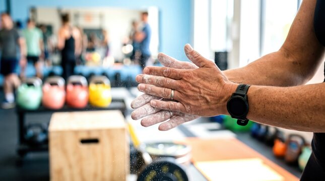 A person claps chalked hands at a gym, with kettlebells and workout equipment blurred in the background.