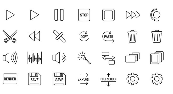 Various computer icons for editing and media control on a white background in black lines