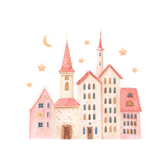 Fototapeta premium Watercolor Christmas village with pastel houses, moon and sparkling stars. Hand drawn isolated winter illustration of fairytale town in vintage style for holiday cards, invitations, festive packaging