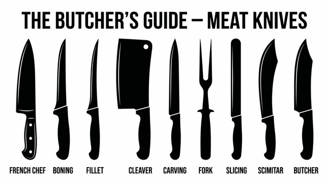 Butcher&rsquo;s Guide Icon Set Representing Meat Knives and Culinary Tools in Bold Black‑and‑White Vector Illustration Style