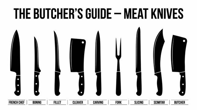 Butcher&rsquo;s Guide Icon Set Representing Meat Knives and Culinary Tools in Bold Black‑and‑White Vector Illustration Style