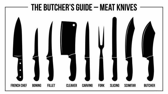 Butcher&rsquo;s Guide Icon Set Representing Meat Knives and Culinary Tools in Bold Black‑and‑White Vector Illustration Style