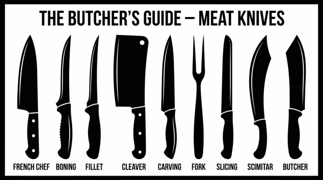 Butcher&rsquo;s Guide Icon Set Representing Meat Knives and Culinary Tools in Bold Black‑and‑White Vector Illustration Style