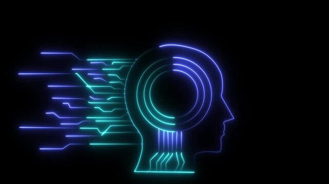 sky blue and teal neon human head silhouette connected with digital circuitry animation background, consciousness concept representing artificial intelligence and mind technology