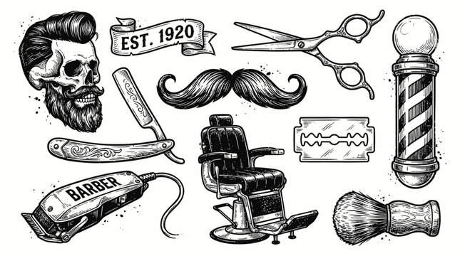 Barber Skull Icon Set Representing Vintage Grooming, Masculine Style, and Artistic Edge in Black‑and‑White Tattoo‑Inspired Vector Illustration Style