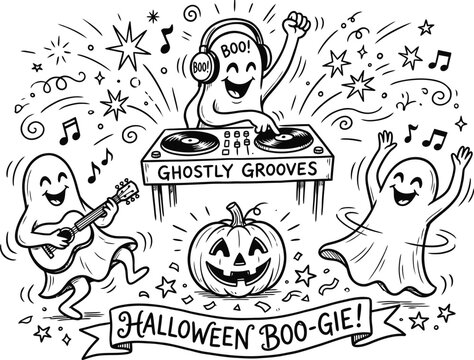 Halloween boogie party with ghosts and pumpkin