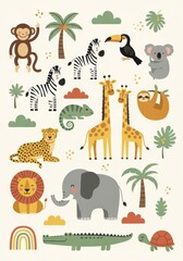 Fototapeta premium Cute Jungle Animals Vector Set for Kids Nursery, Cartoon Safari Wildlife Illustration with Lion, Elephant, and Giraffe