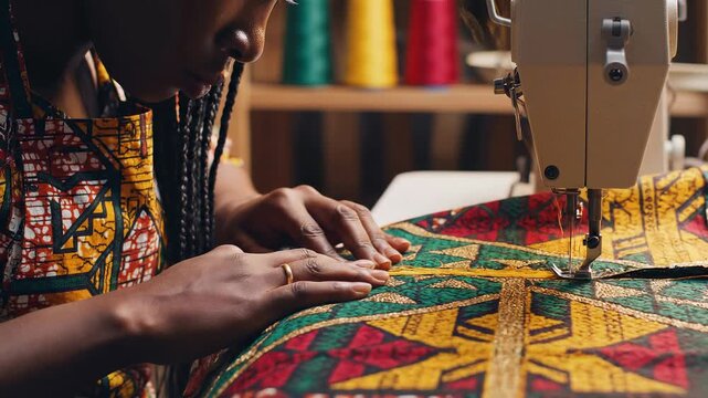 Skilled artisan crafting vibrant textile with sewing machine, close up hands
