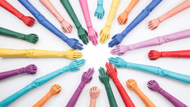 Diverse hands, colorful arms, unity gesture, solidarity concept, teamwork