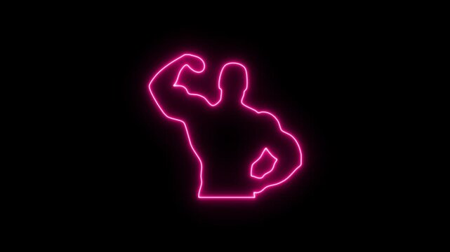 human hand reaching out. Muscular Athlete Neon Outline. Neon Strong Man Flexing Muscle Icon Glowing on Black Background, Fitness and Strength Symbol.
