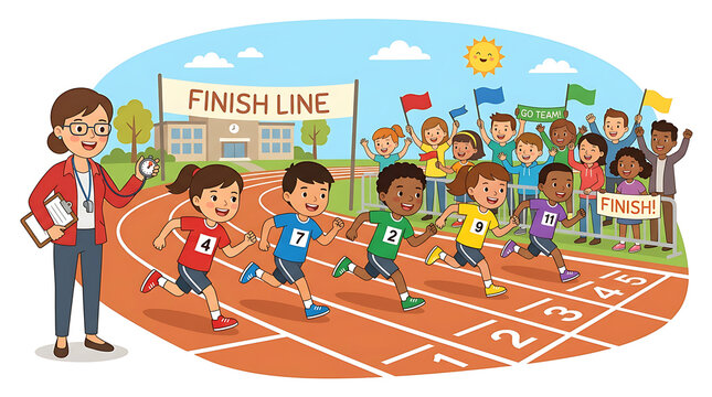 Students finishing a school running race with cheering crowds and teacher