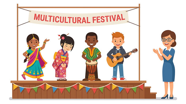 Children performing on stage at a multicultural festival school event