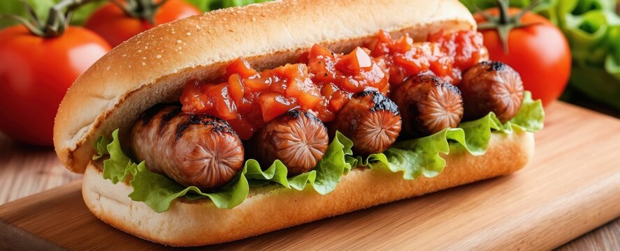 Grilled sausage sandwich served on lettuce in bun with tomato relish topping. Fresh tomatoes and green lettuce leaves visible. Served on rustic wood board, perfect for quick meals.