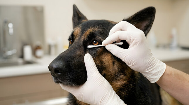 Vet cleaning eye mucus of german shepherd dog with cotton swab at animal hospital