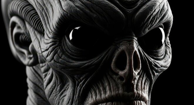 Cinematic Close-up of a Mysterious Extraterrestrial Being with Deeply Wrinkled Skin and Large Reflective Black Eyes