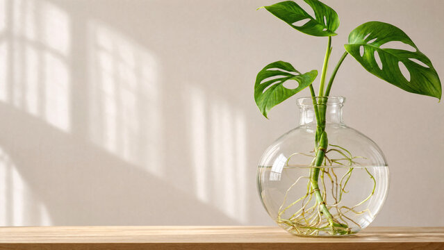 Round glass carboy with plant cutting, water propagation decor.
