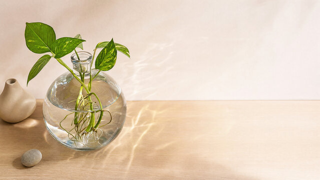 Round glass carboy with plant cutting, water propagation decor.