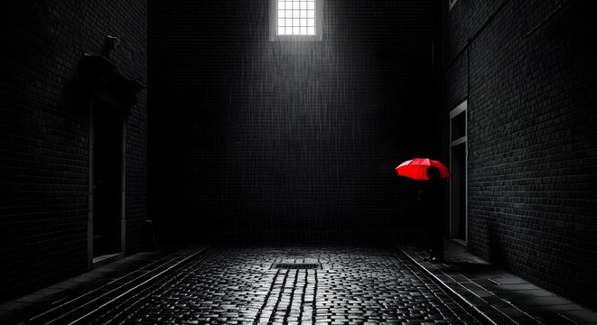 Red Umbrella in Dark Alley with Rain