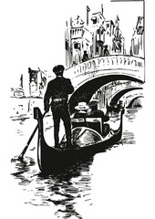 Gondolier rowing a gondola with passengers under a bridge in venice © Mr. Sany