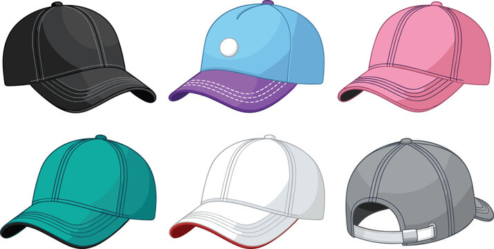 Colorful baseball caps vector template set with blank front view and grey snapback rear view isolated on white background for apparel mockup design