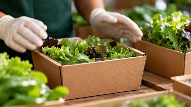 Sustainable harvesting food security urban farm worker packing fresh salad greens with gloves into recyclable boxes supporting local food security