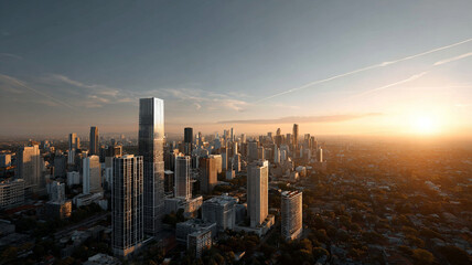 Fototapeta premium Metropolitan skyline cityscape skyscraper sunset urban architecture tower downtown with warm light over dense city horizon