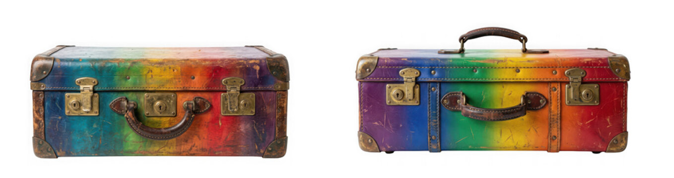 Vintage multicolored metal trunks with leather straps and brass fittings isolated on transparent background