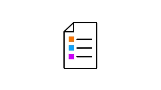 List icon, sheet of paper with checkmark, document animation with lines of text. 4K video with chroma key, green screen for transparent background.