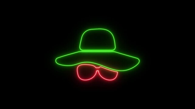 Neon Incognito Spy Icon with Hat and Glasses on Black Background