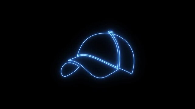 Neon Sports Cap Symbol Animation Baseball Hat Icon. Glowing Neon Baseball Cap Icon Animation on Black Background.