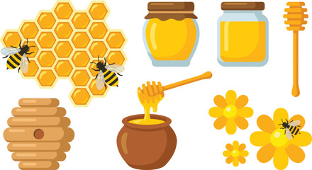Honey and beekeeping vector set with glass jars honey pot wooden dipper honeycomb bees and beehive isolated on white background for organic product design © MeheDi