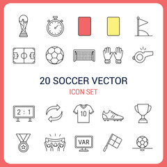 Soccer and football line icon set featuring trophy, stopwatch, referee cards, field, ball, goal net, goalkeeper gloves, whistle, scoreboard, jersey, cleats, medal, supporters, VAR monitor, and corner  © Thitiyakorn