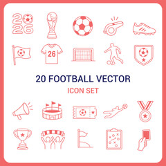 Football tournament and soccer championship line icon set featuring trophy, soccer ball, whistle, cleats, jersey, goal net, player, stadium, ticket, medal, supporters, tactical board, referee card, an © Thitiyakorn
