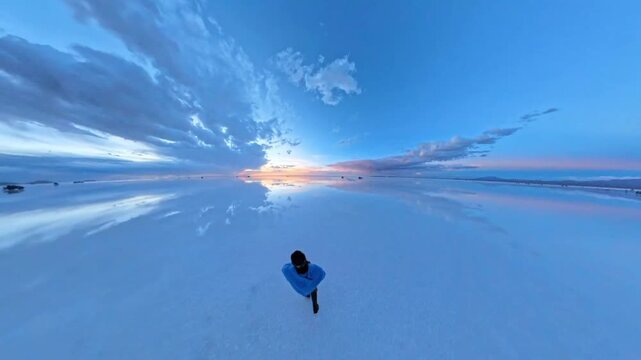 Man standing on the flooded Uyuni Salt Flats at sunset, Bolivia