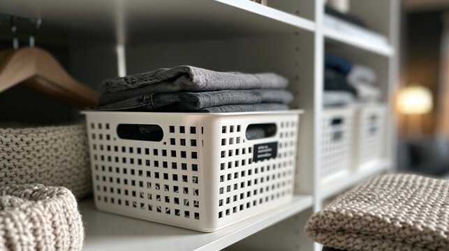 Rangement organis&eacute; avec panier blanc et v&ecirc;tements pli&eacute;s sur &eacute;tag&egrave;res