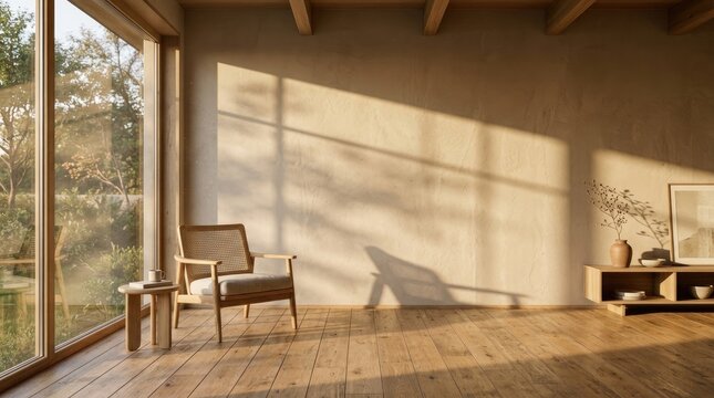 Bright Minimalist Living Room with Natural Sunlight and Wooden Floor
