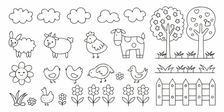 Farm Animals And Plants Black And White Line Art Illustration