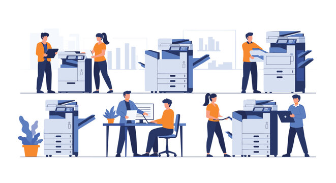 Series of illustrations shows office employees using large multifunctional photocopier machines for printing, scanning, and copying.