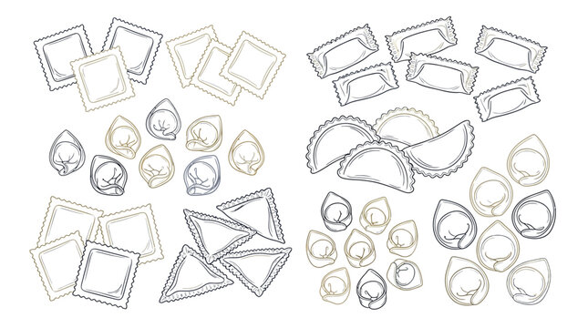 Collection of hand-drawn dumplings and ravioli in various shapes and styles.