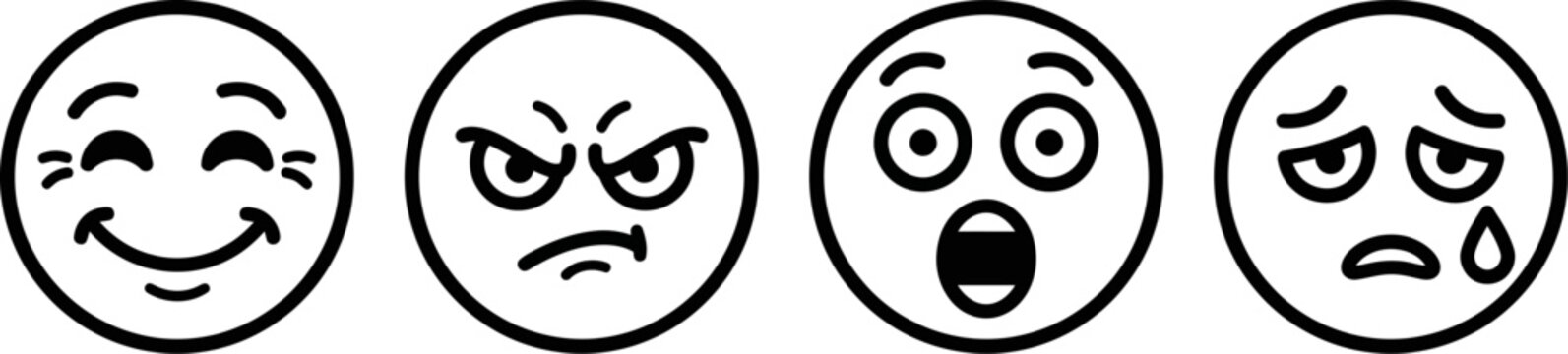 Set of four emoticon faces with different expressions on white background